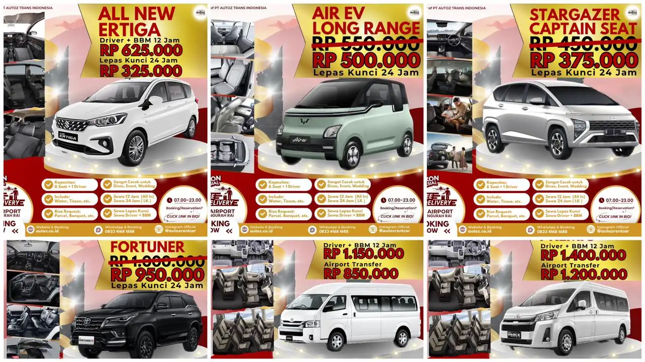 PROMO Sewa Mobil Matic Lepas Kunci Bali Liburan Akhir Tahun Desember 2023 | Rental Driver BBM | New Stargazer Rp 375.000, Air Ev Long Range Rp 500.000, Ertiga Rp 325.000