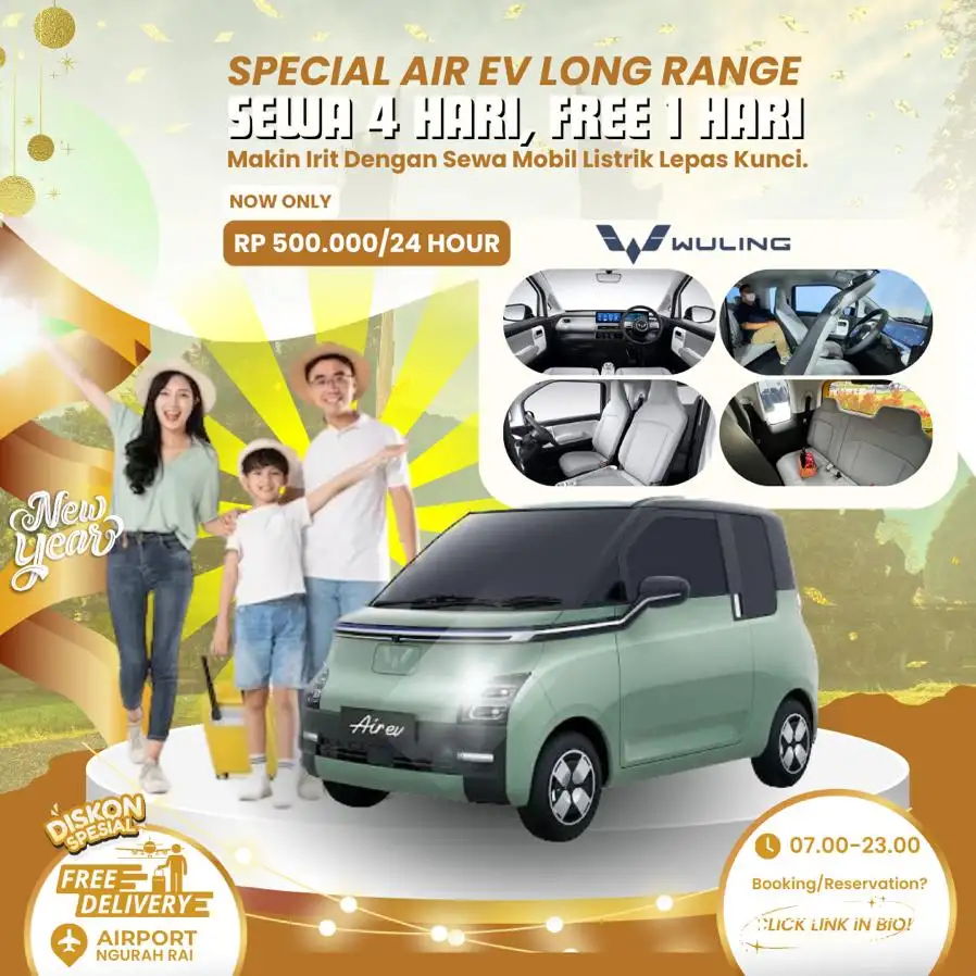Promo Sewa Mobil Wuling Air Ev Long Range - Sewa 5 Hari Bayar 4 Hari - Rp 500.000 Selama 24 Jam Lepas Kunci Bali - Rental 4 Hari Gratis 1 HariGratis Antar Jemput Airport