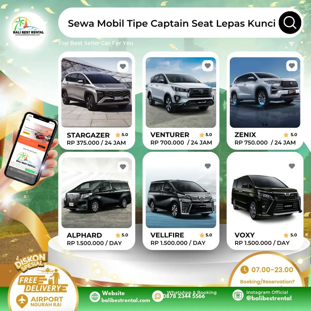 Sewa Mobil Captain Seat Bali Lepas Kunci Driver BBM Start Rp 375.000 - Gratis Antar Jemput Bandara - 5 Jenis Mobil Captain Seat Rental Bali