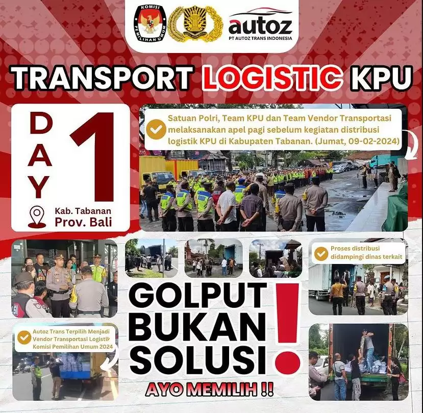 PT Autoz Trans Indonesia Terpilih Menjadi Vendor Transportasi untuk Distribusi Logistik Komisi Pemilihan Umum Kab. Tabanan dan Bangli 2024 selama 5 hari.