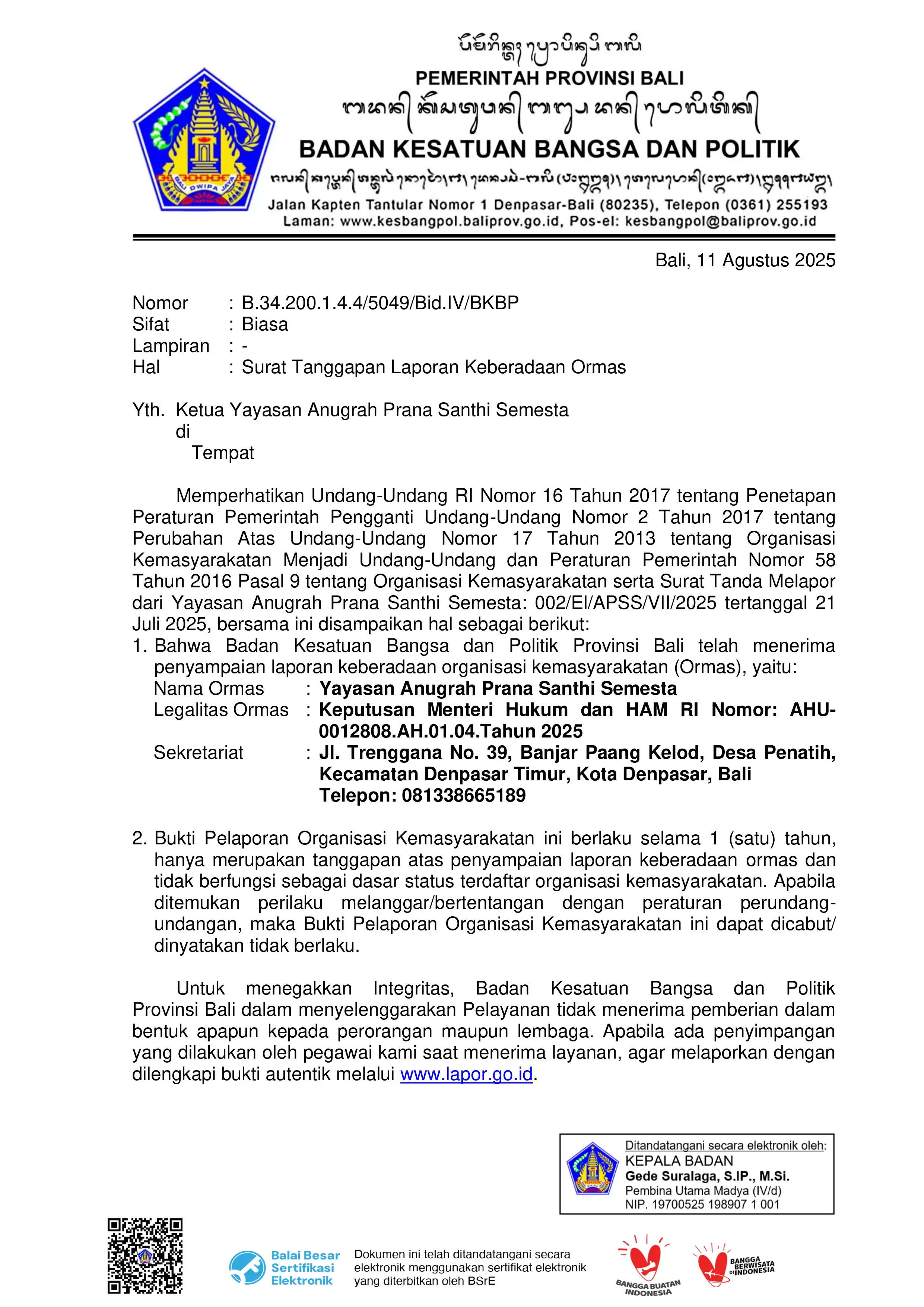 Tanda Daftar Kesbangpol