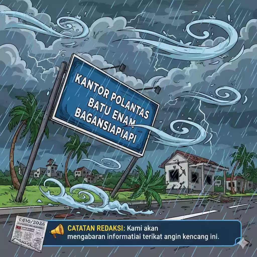 Papan Nama Kantor Polantas Batu Enam Bagansiapiapi Tumbang Dihantam Angin Kencang, Sejumlah Pohon Ikut Tumbang