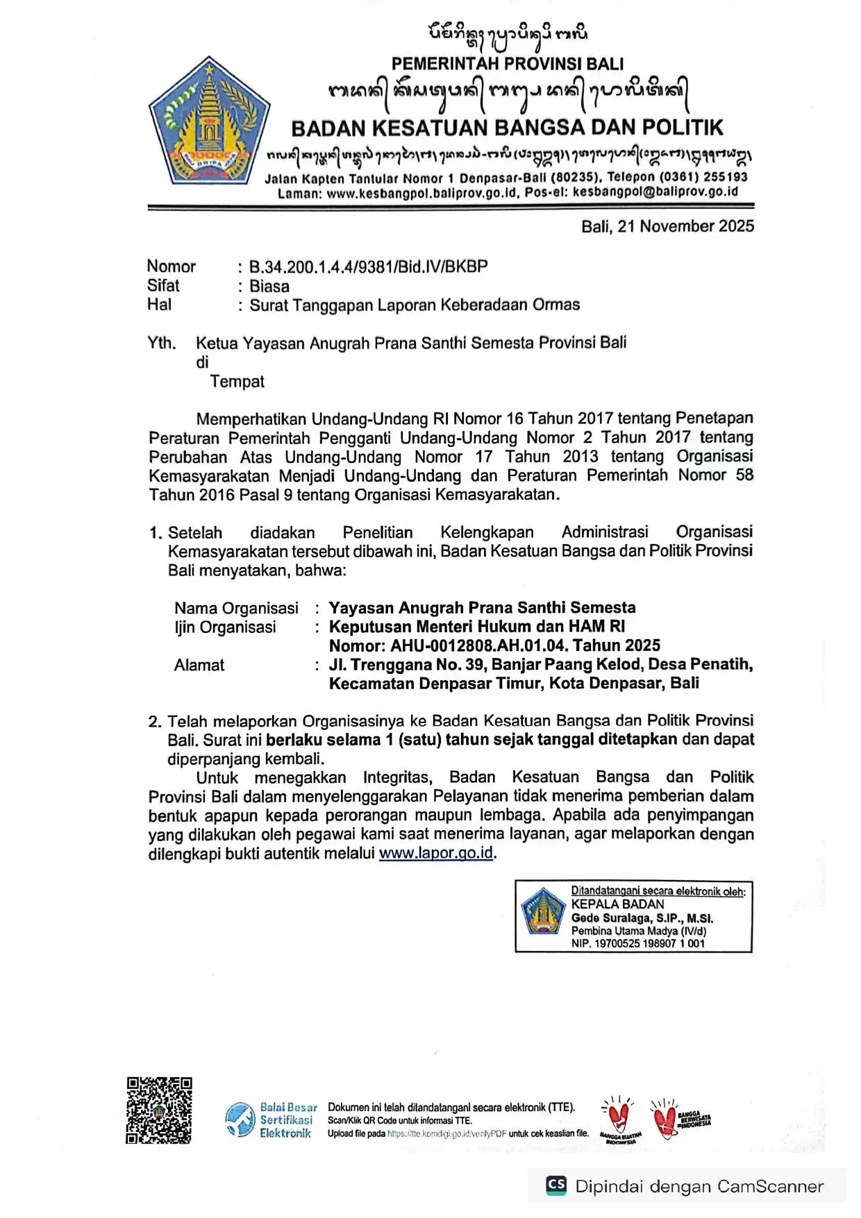 Tanda Daftar Kesbangpol