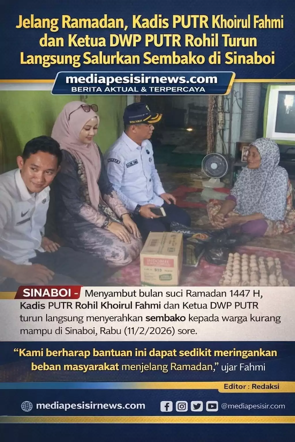 Jelang Ramadhan, Kadis PUPR Khoirul Fahmi dan Ketua DWP Turun Langsung Salurkan Sembako di Sinaboi