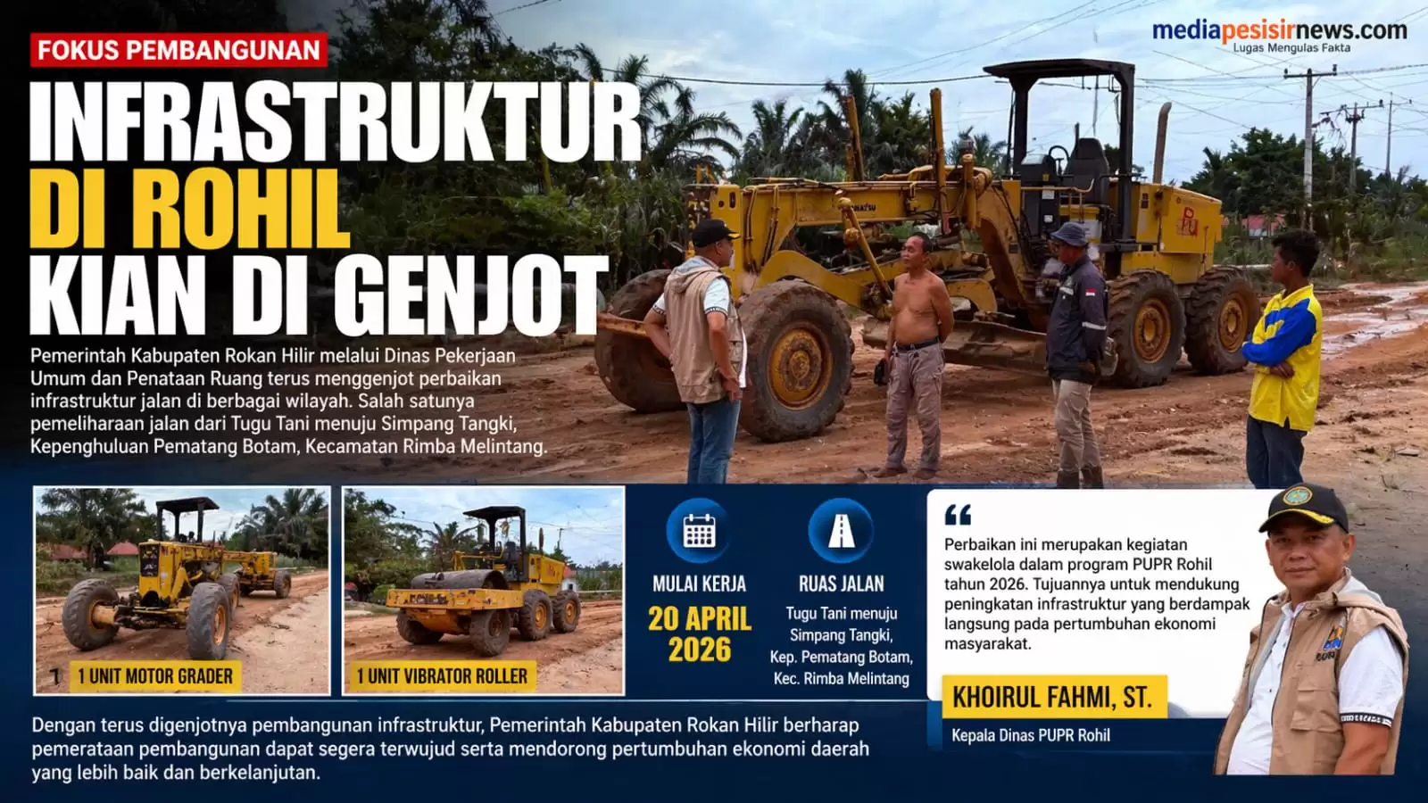 Kadis PUPR Rohil Terjun Langsung Tinjau Perbaikan Jalan Tugu Tani–Simpang Tangki 
