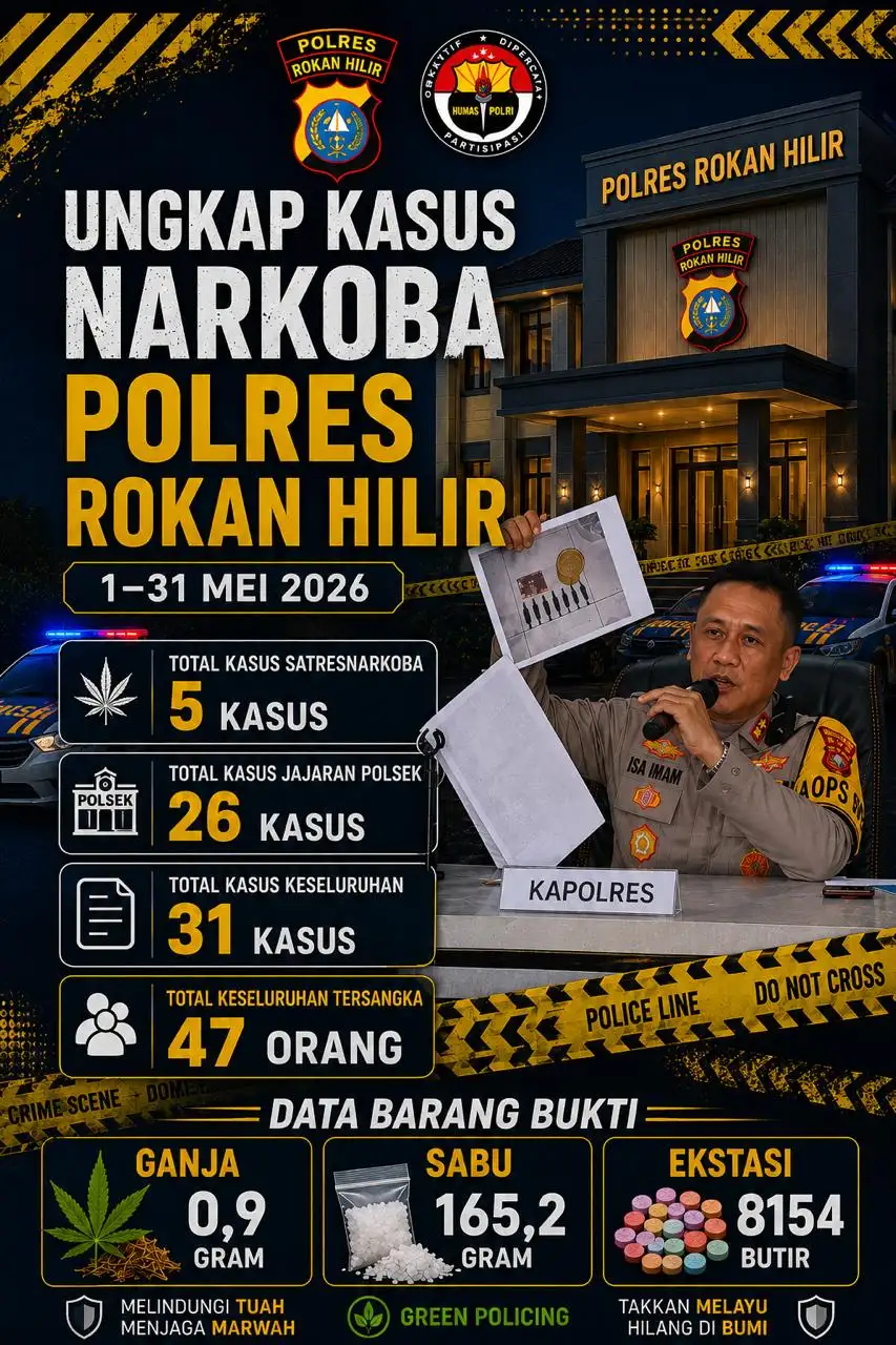 Polres Rokan Hilir Ungkap 31 Kasus Narkoba Selama Mei 2026, Kapolres: Komitmen Selamatkan Generasi Bangsa dari Bahaya Narkotika