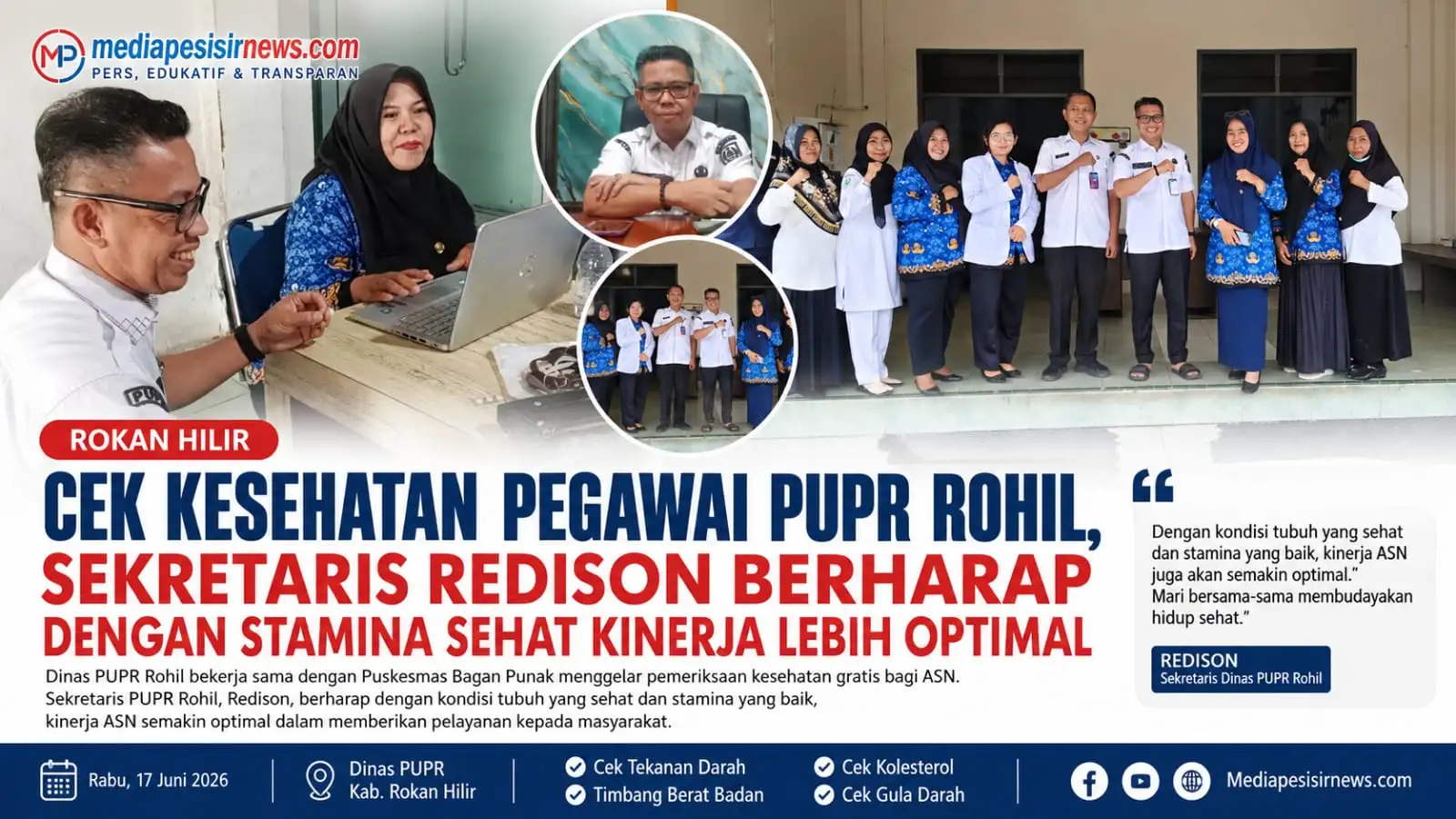 Cek Kesehatan Pegawai PUPR Rohil, Sekretaris Redison Berharap Stamina Sehat Tingkatkan Kinerja ASN