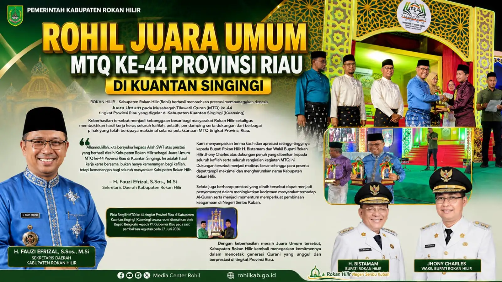 ROHIL JUARA UMUM MTQ ke-44 Provinsi Riau di Kuansing, Sekda Fauzi Efrizal: Prestasi untuk Seluruh Masyarakat