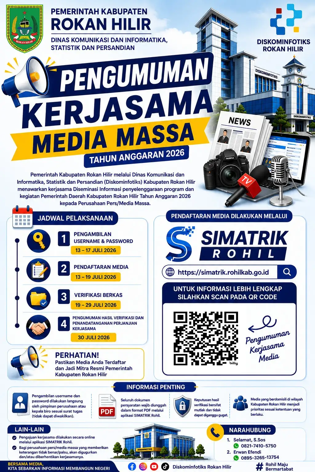 Diskominfotiks Rohil Buka Kerja Sama Media Massa Tahun Anggaran 2026, Pendaftaran Dibuka 13–19 Juli Melalui SIMATRIK