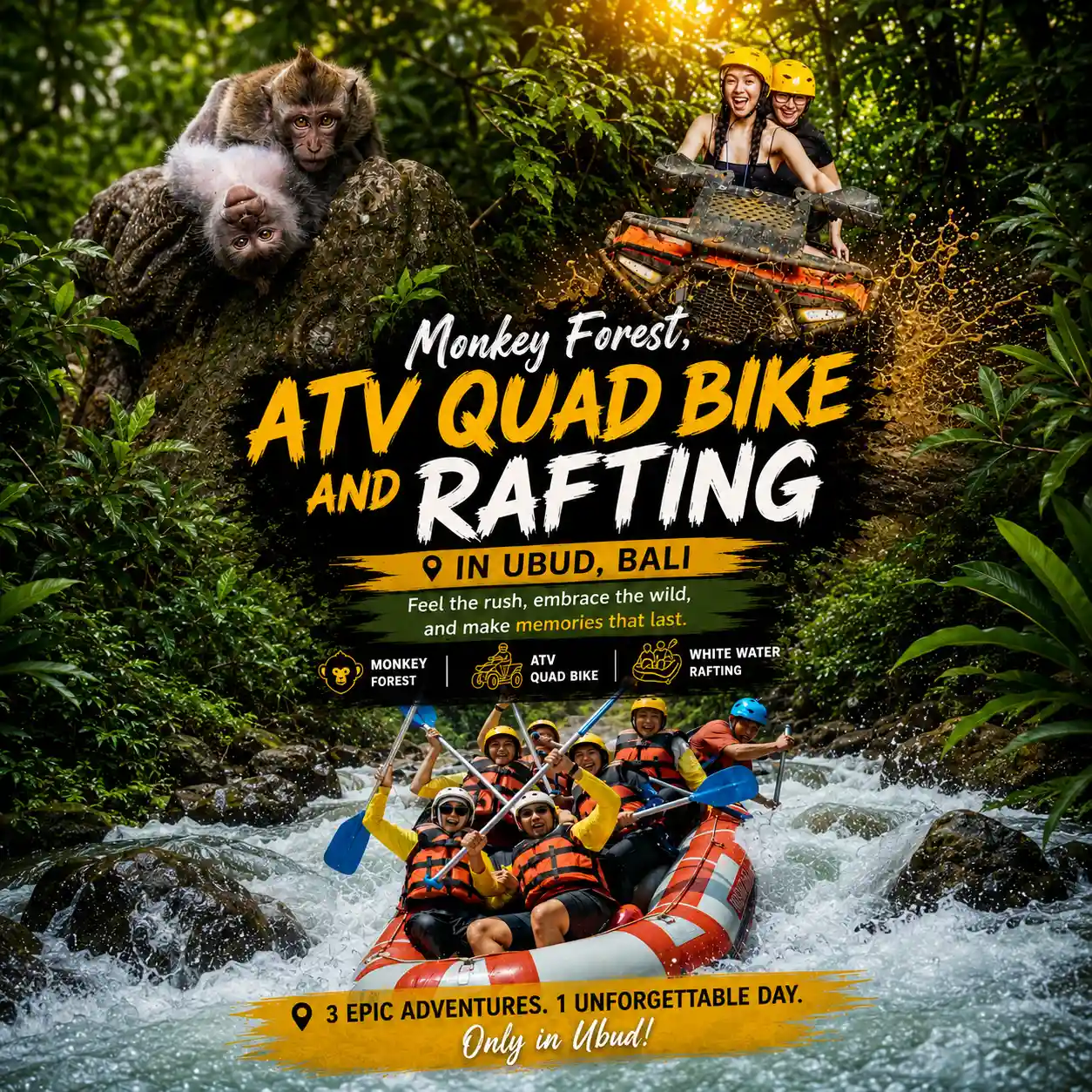 Ubud Monkey Forest, ATV Quad Bike & Ayung River Rafting Adventure