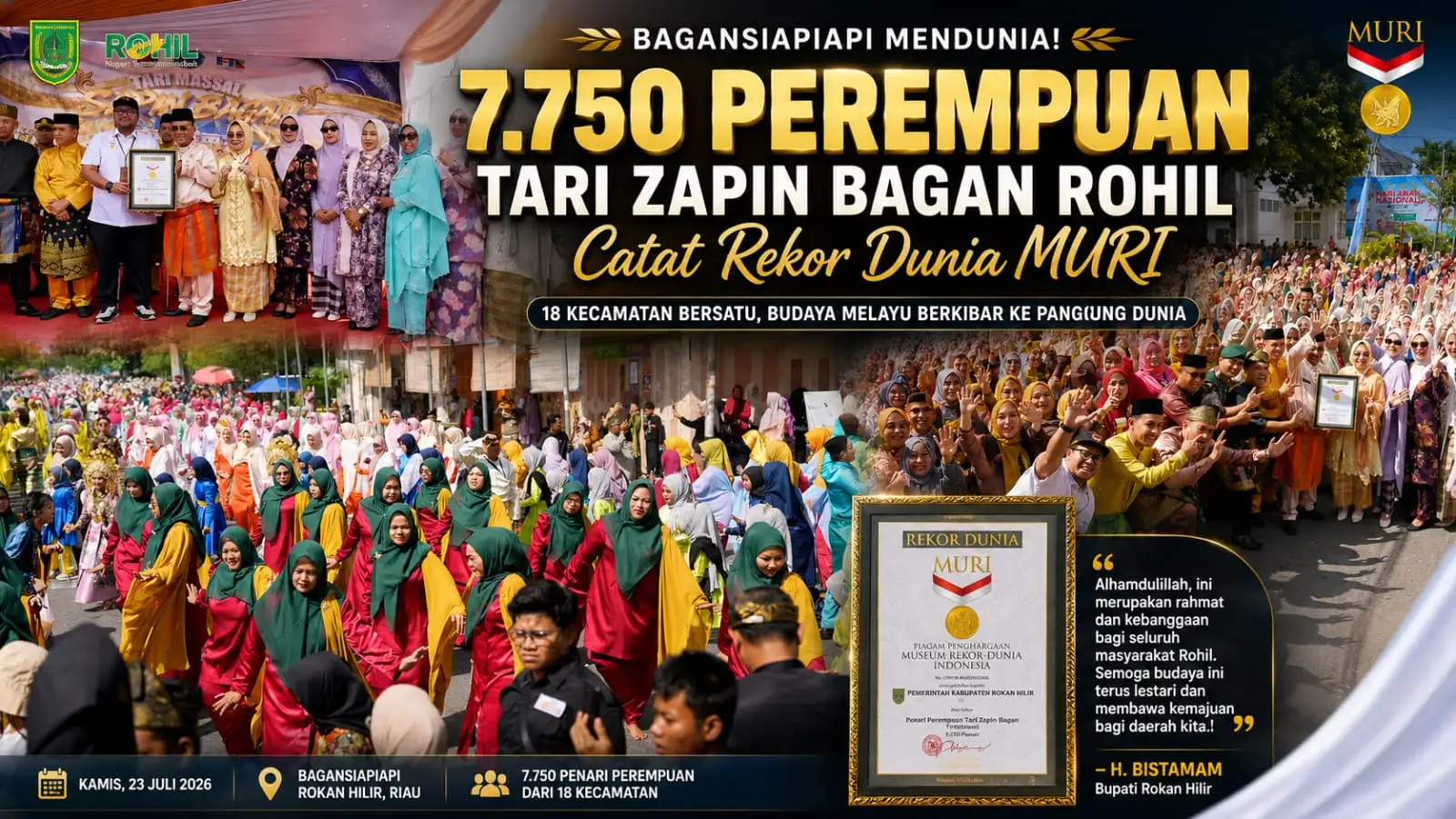 Bupati Rohil H. Bistamam Ukir Sejarah, 7.750 Perempuan Menari Zapin Bagan Pecahkan Rekor MURI