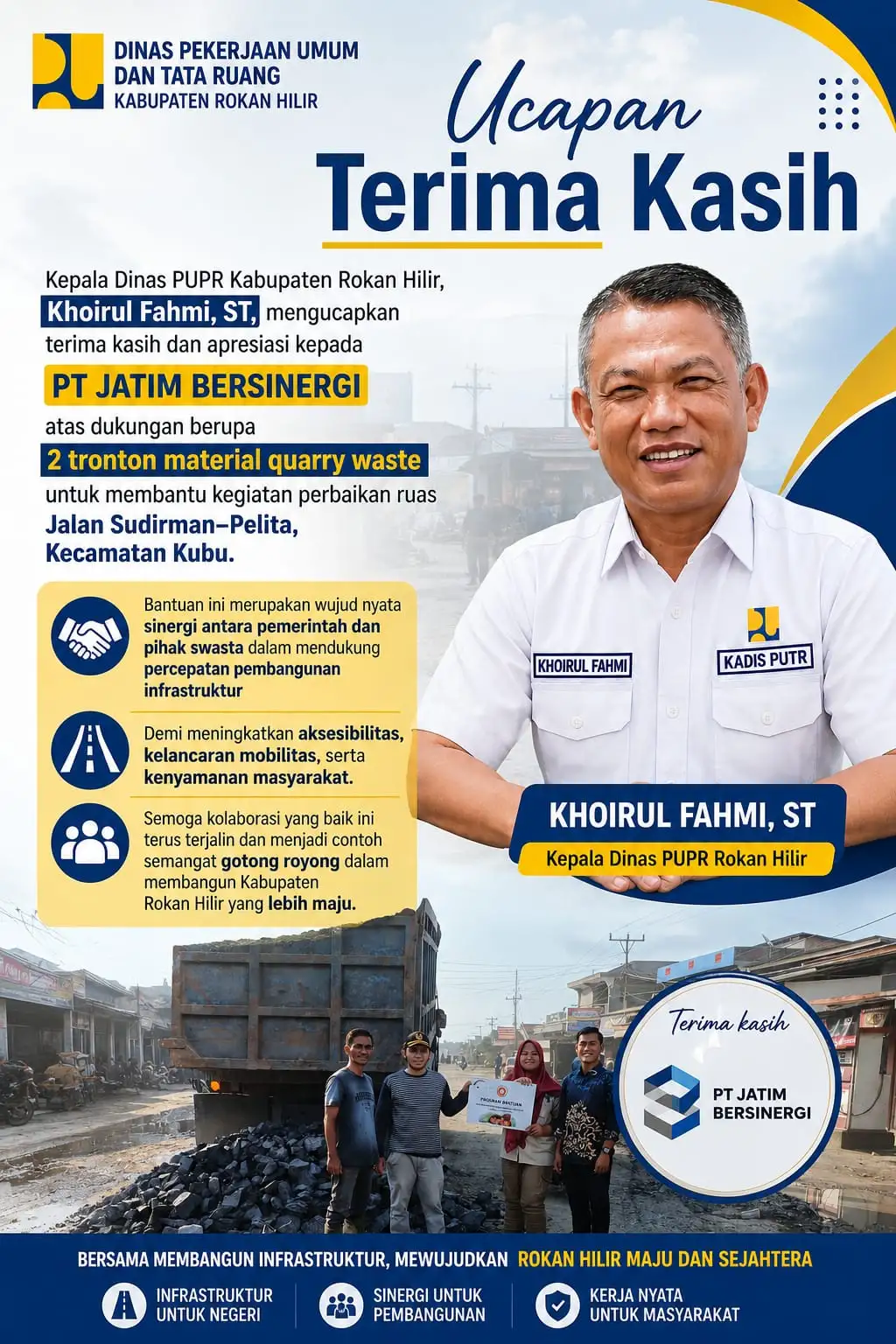 PUPR Rohil Apresiasi Dukungan Swasta, Material Quarry Waste Digunakan untuk Perbaikan Jalan Sudirman–Pelita